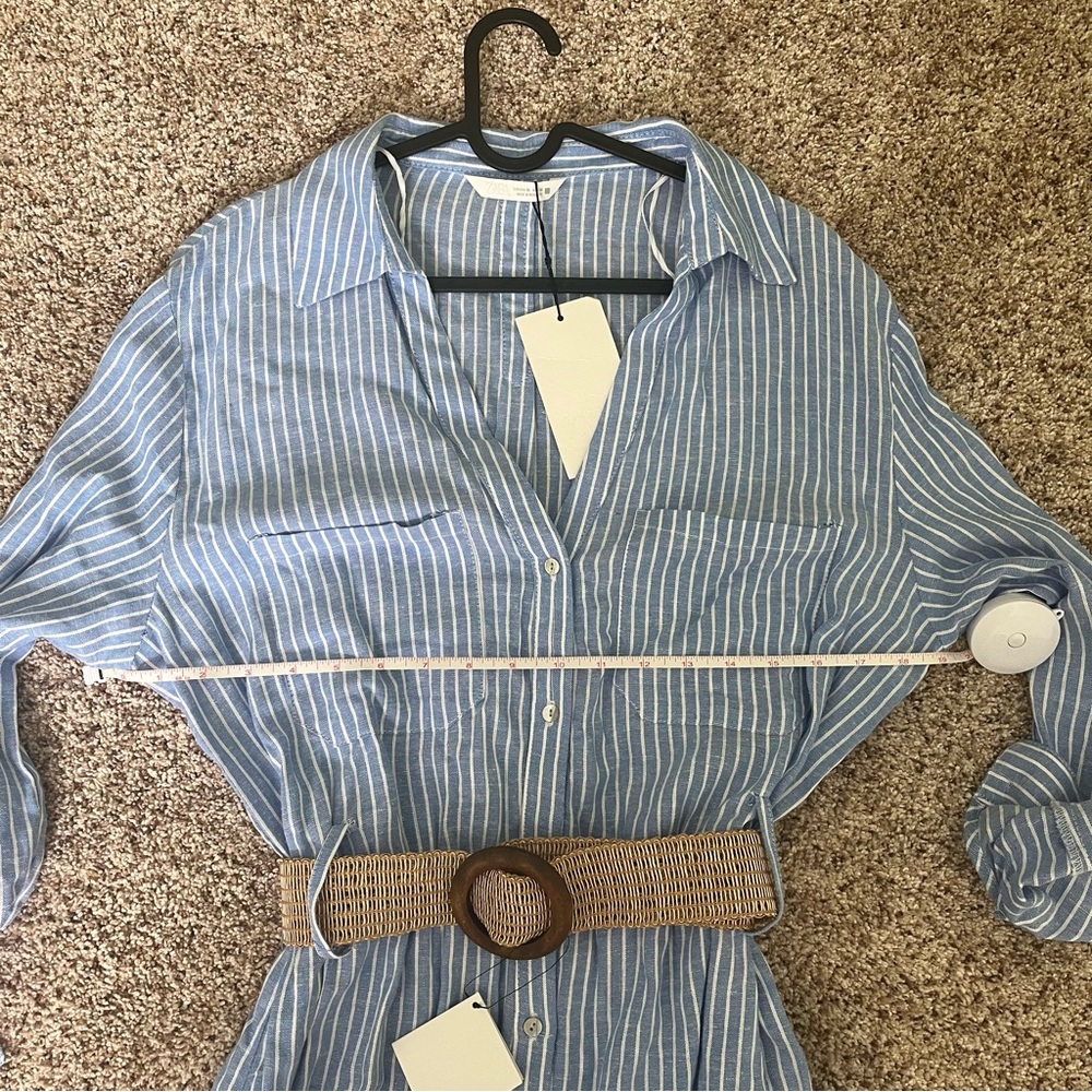 Zara Belted Linen Midi Shirt Dress V-Neck Tab Sleeve Striped Blue White Size XL - Picture 9 of 11